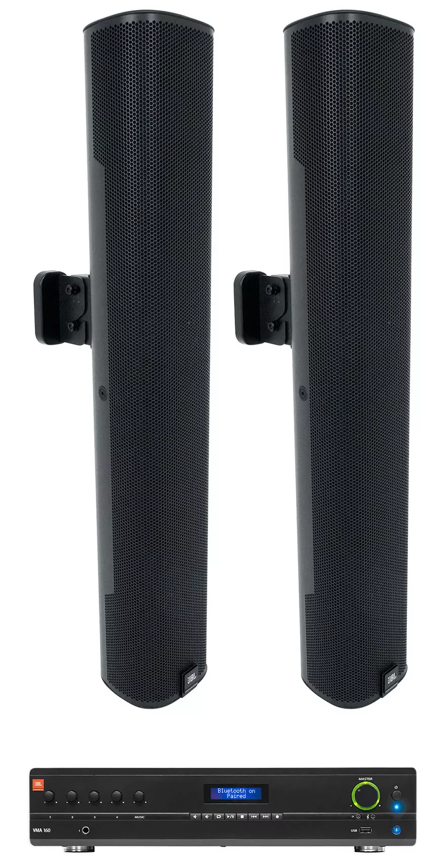(2) JBL COL600-BK 24" Black 70V Commercial Column Wall Mount Array Speakers+Amp