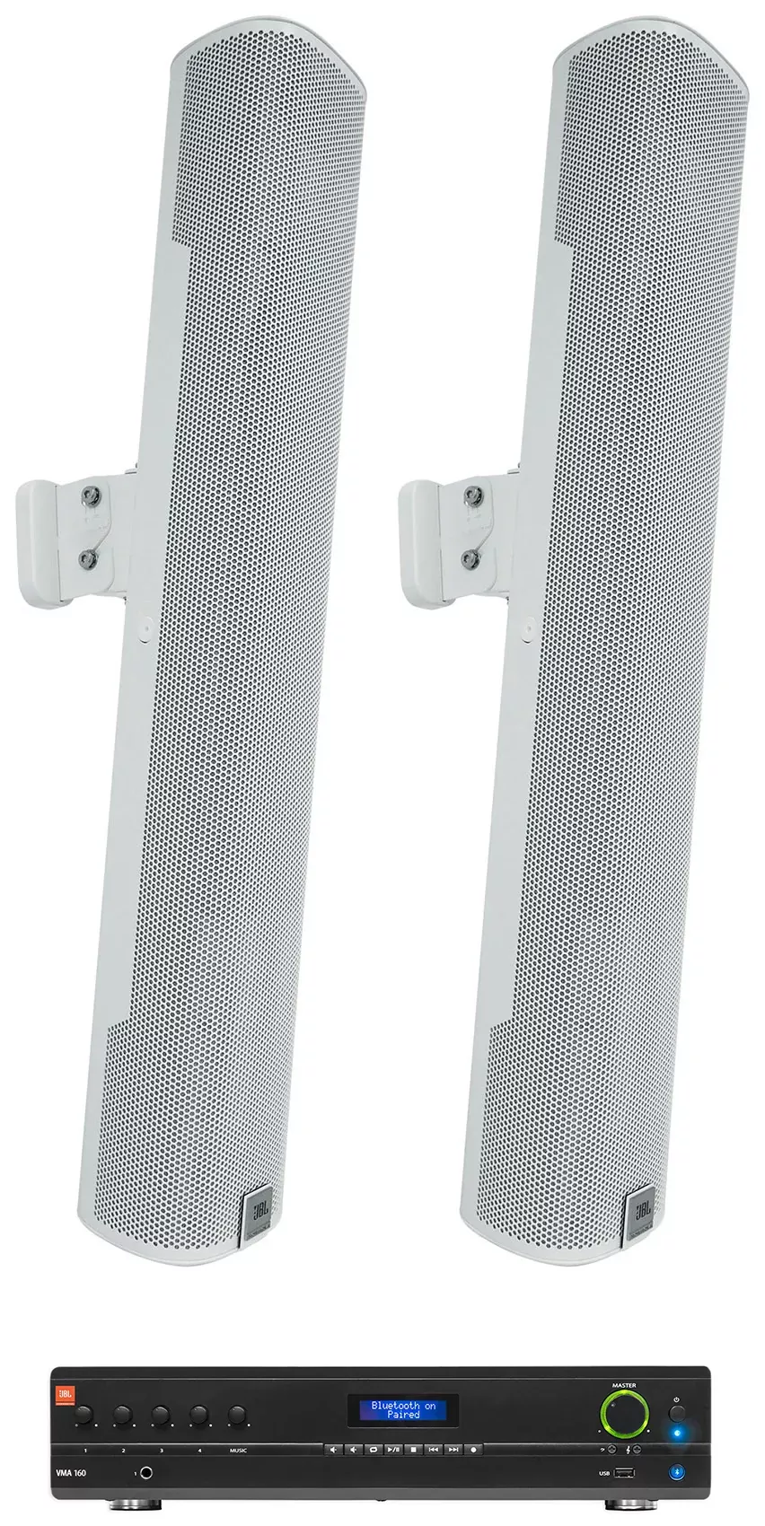 (2) JBL COL600-WH 24" White 70V Commercial Column Wall Mount Array Speakers+Amp