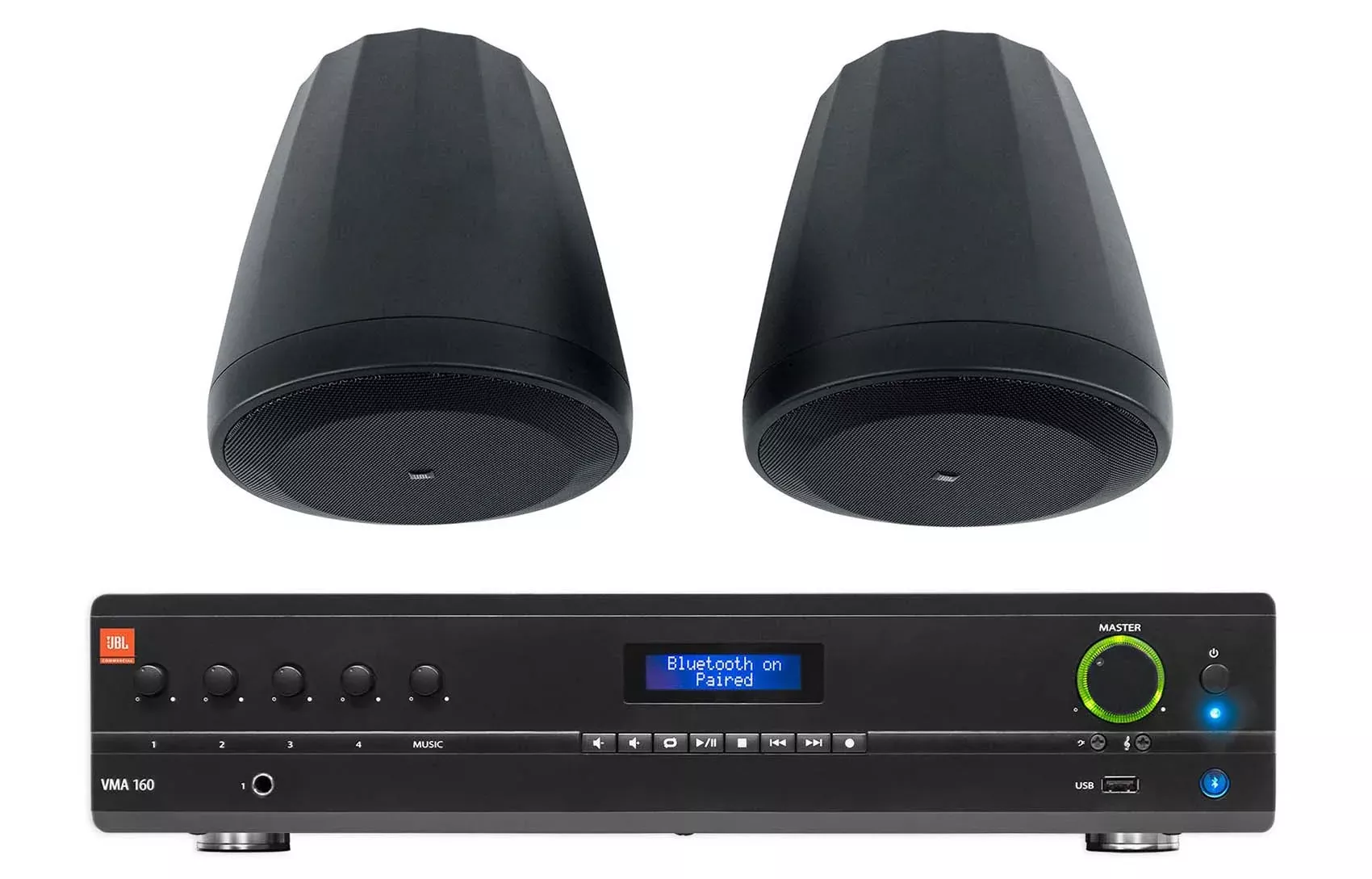 (2) JBL Control 64P/T 4" 30w Commercial 70v Black Pendant Speakers+Amplifier