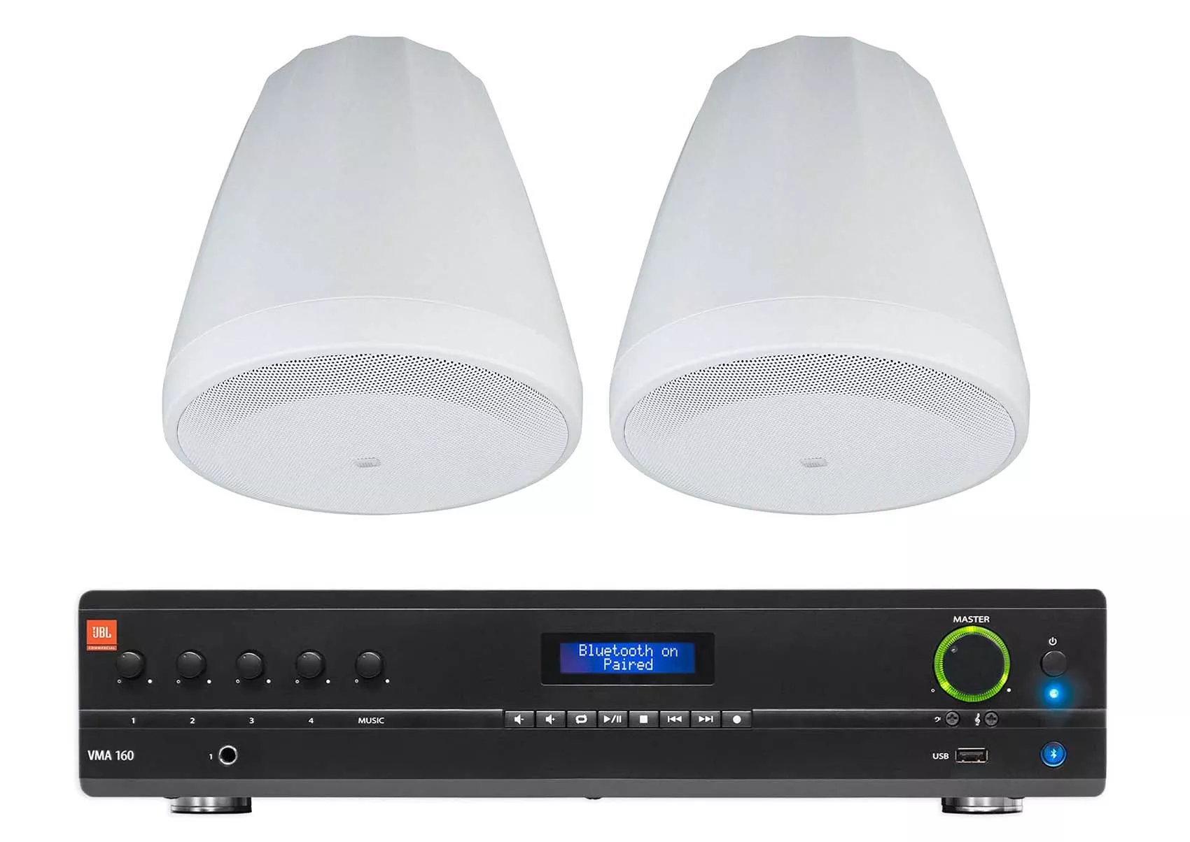 (2) JBL Control 64P/T 4" 30w Commercial 70v Hanging Pendant Speakers+Amplifier