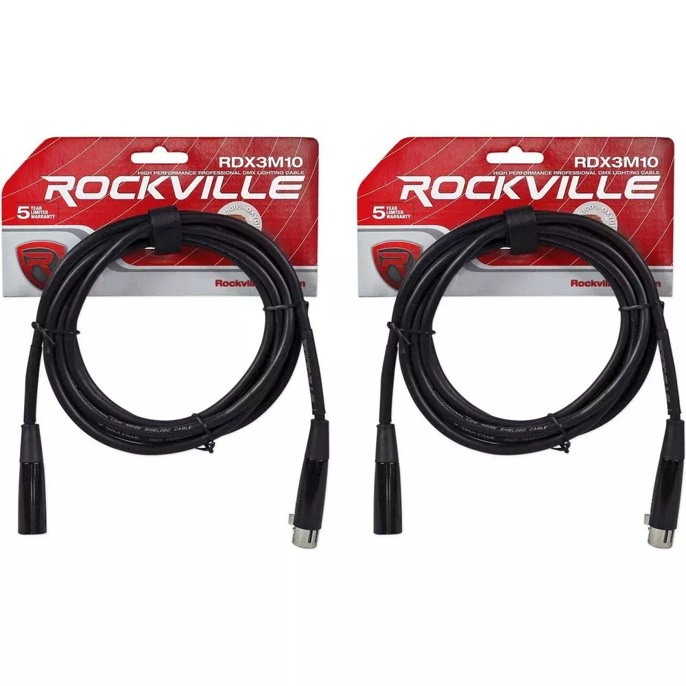 (2) Rockville RDX3M10 10 Foot 3 Pin DMX Lighting Cables 100% OFC Female 2 Male