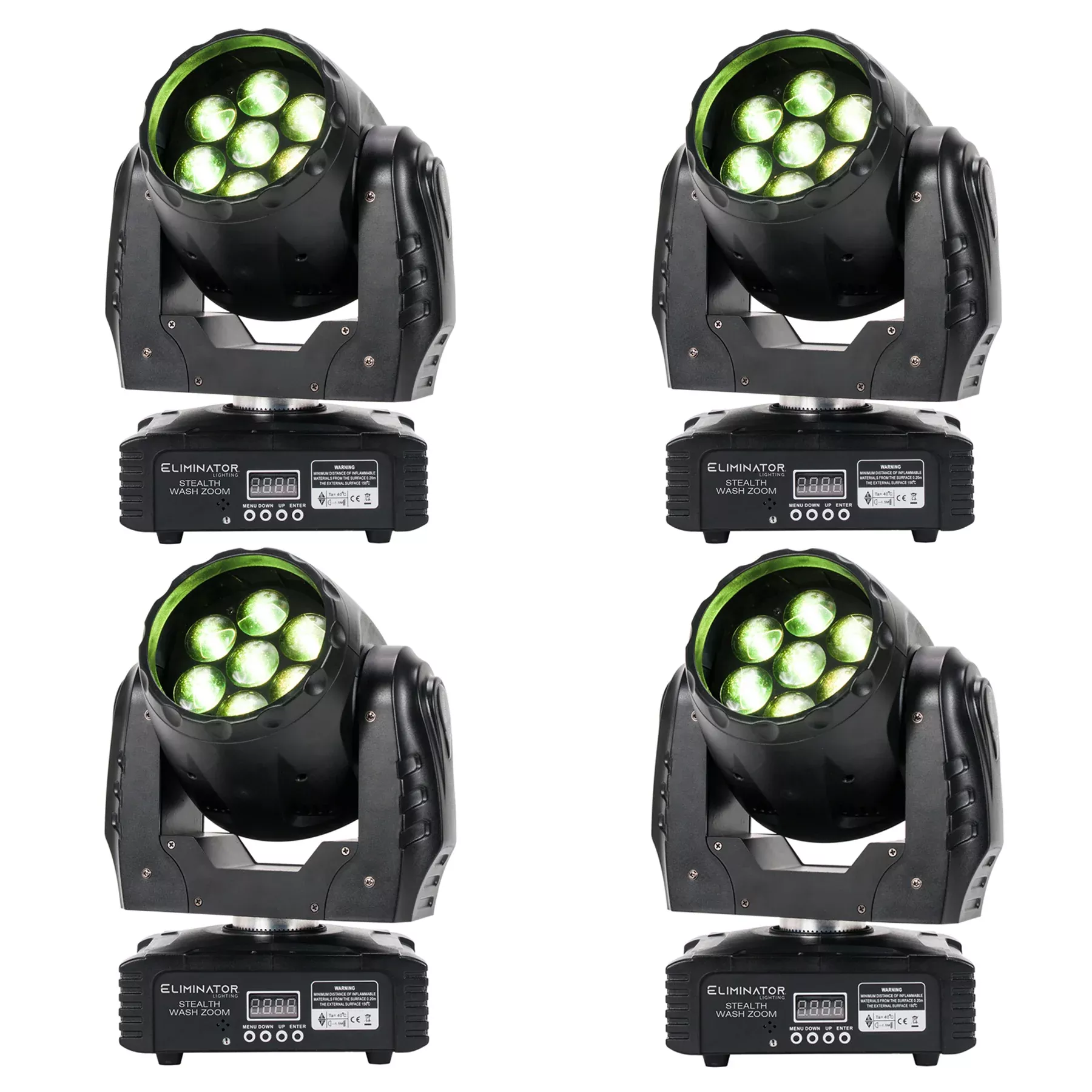 (4) Eliminator Stealth Wash Zoom 7 x 12Watt RGBW LED DMX Moving Head Wash Lights