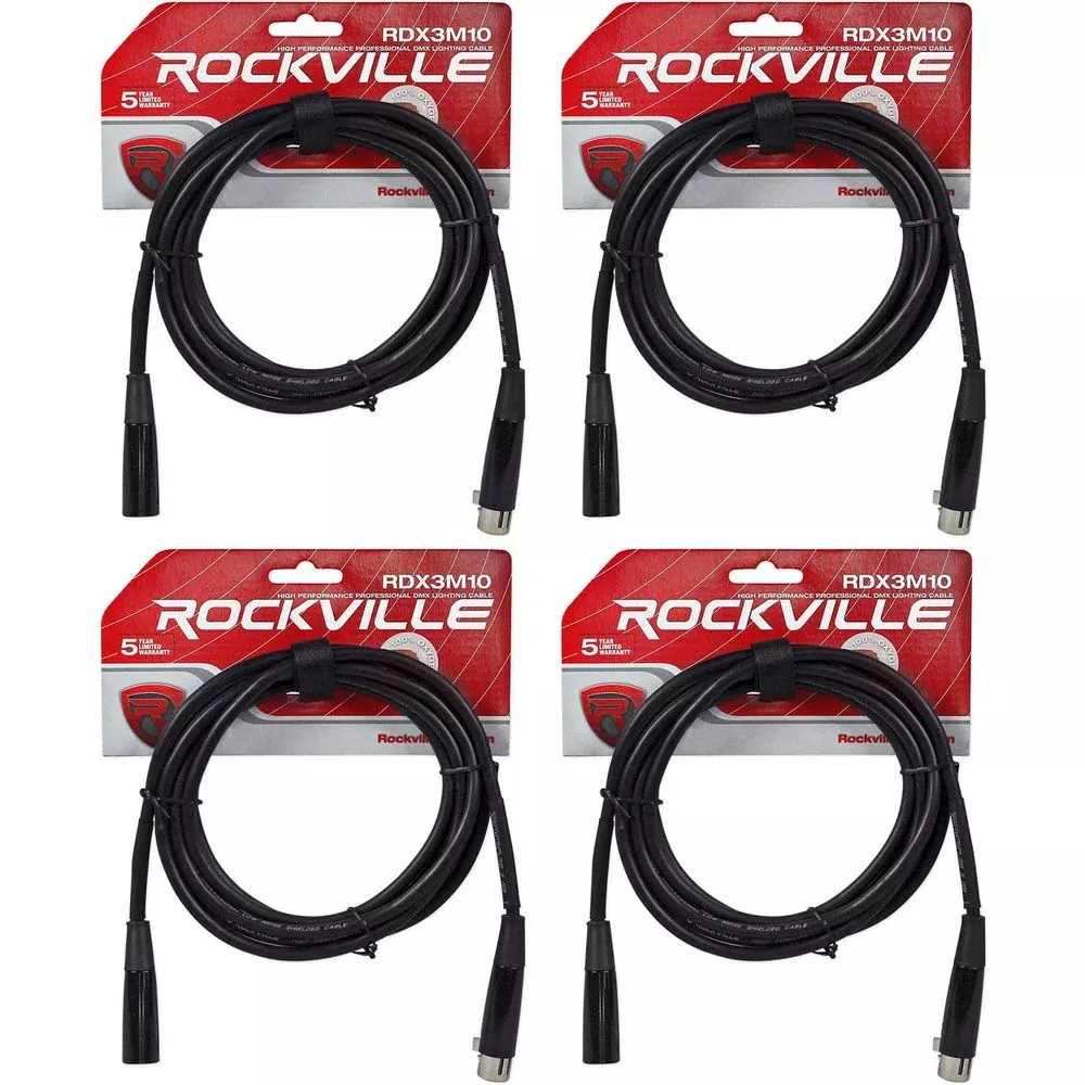 (4) Rockville RDX3M10 10 Foot 3 Pin DMX Lighting Cables 100% OFC Female 2 Male