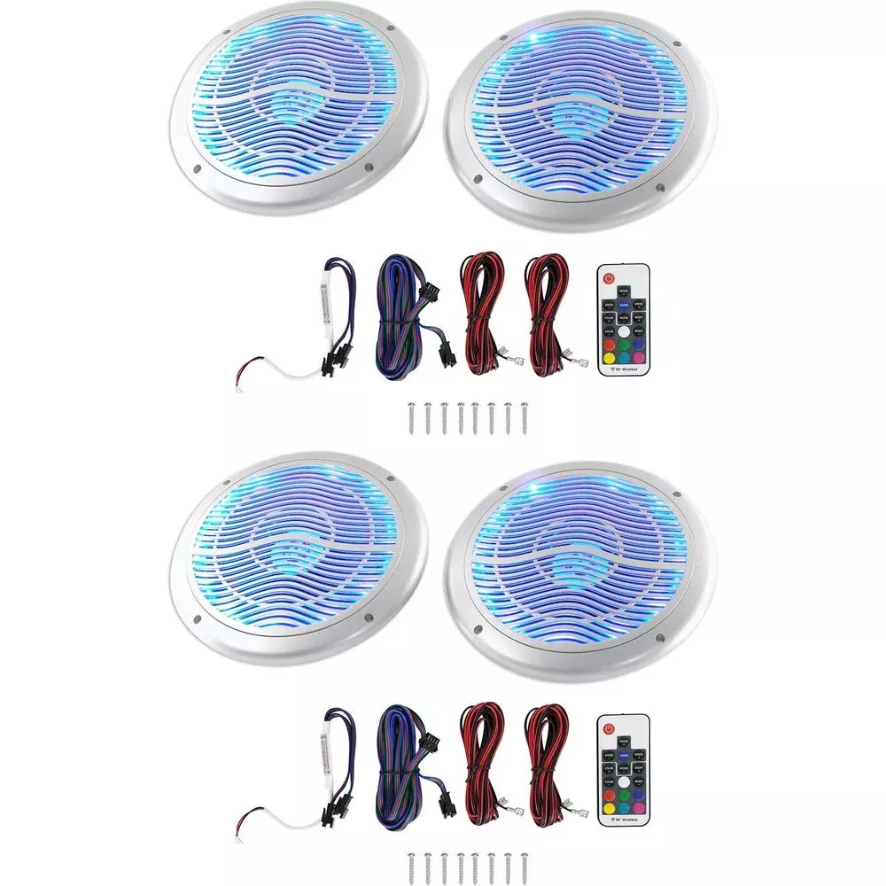 (4) Rockville RMC65LS 6.5" 1200w Silver Marine Speakers/Multi Color LED+Remote