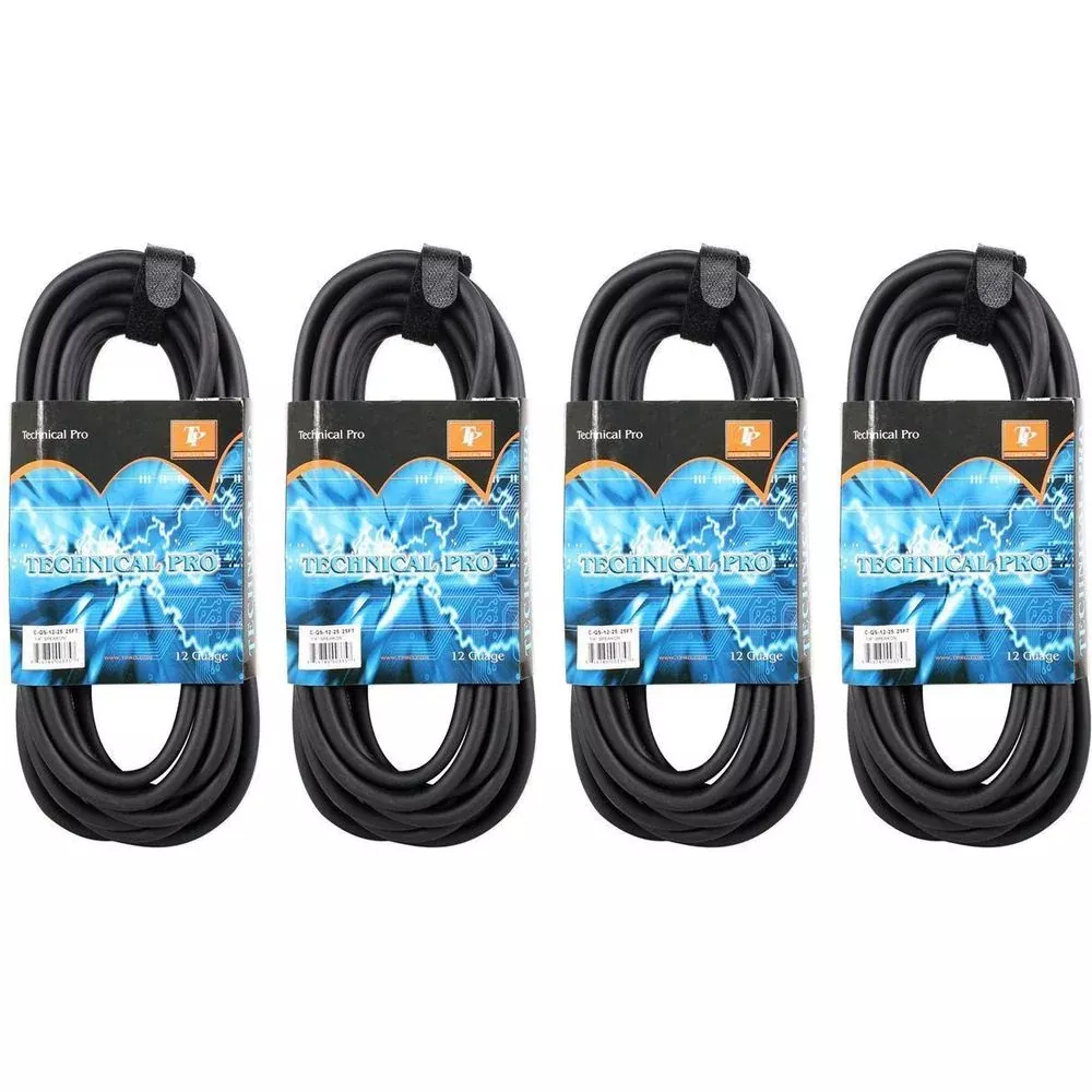 (4) Technical Pro CQS-1225 25' Ft 12 Gauge 1/4'' to Speakon Pro Speaker Cables