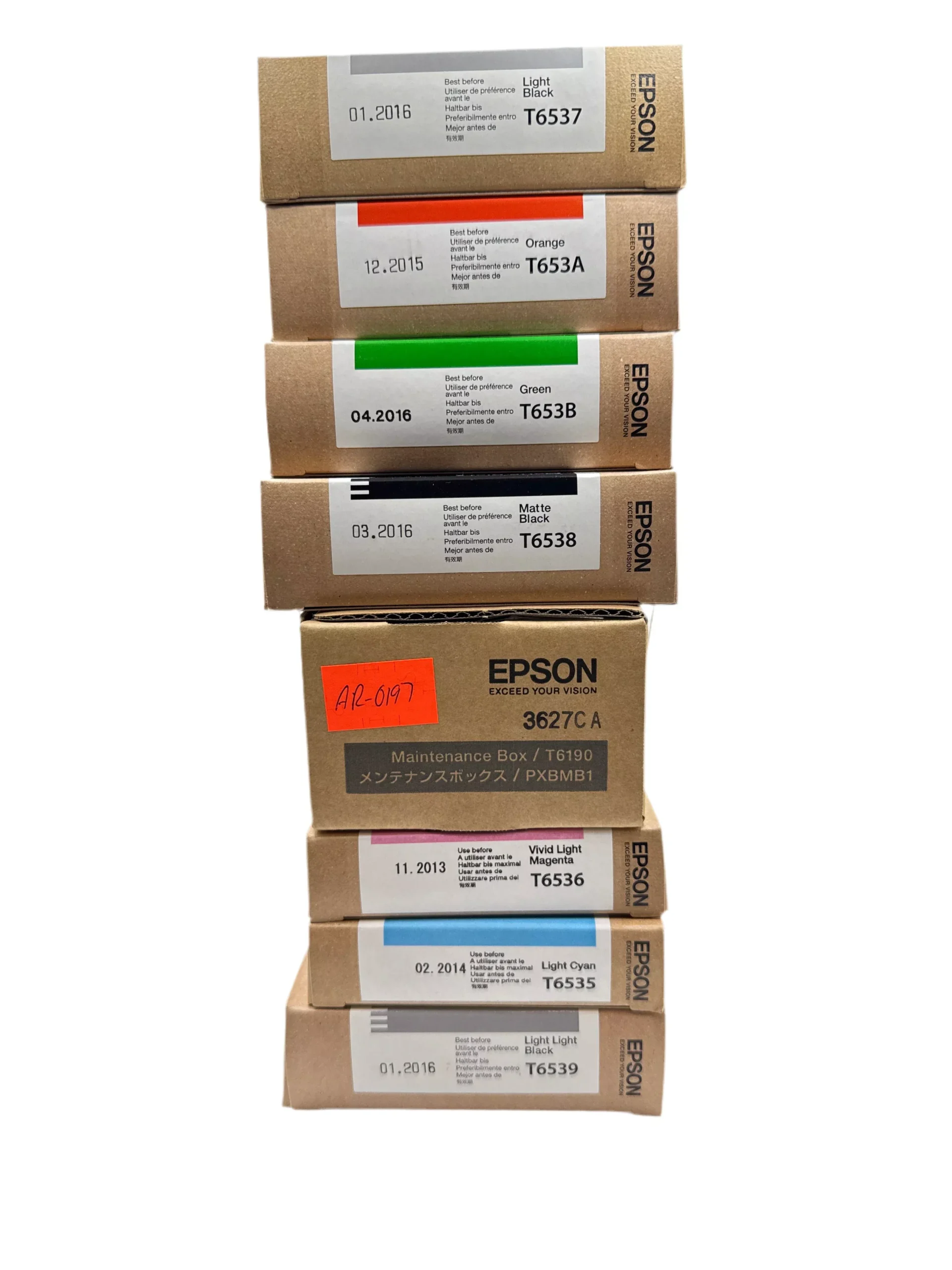 (7) Unopened Expired Epson T653x Ink Cartridges - Plus (1) Sealed T6190 Maint. Box (0197)