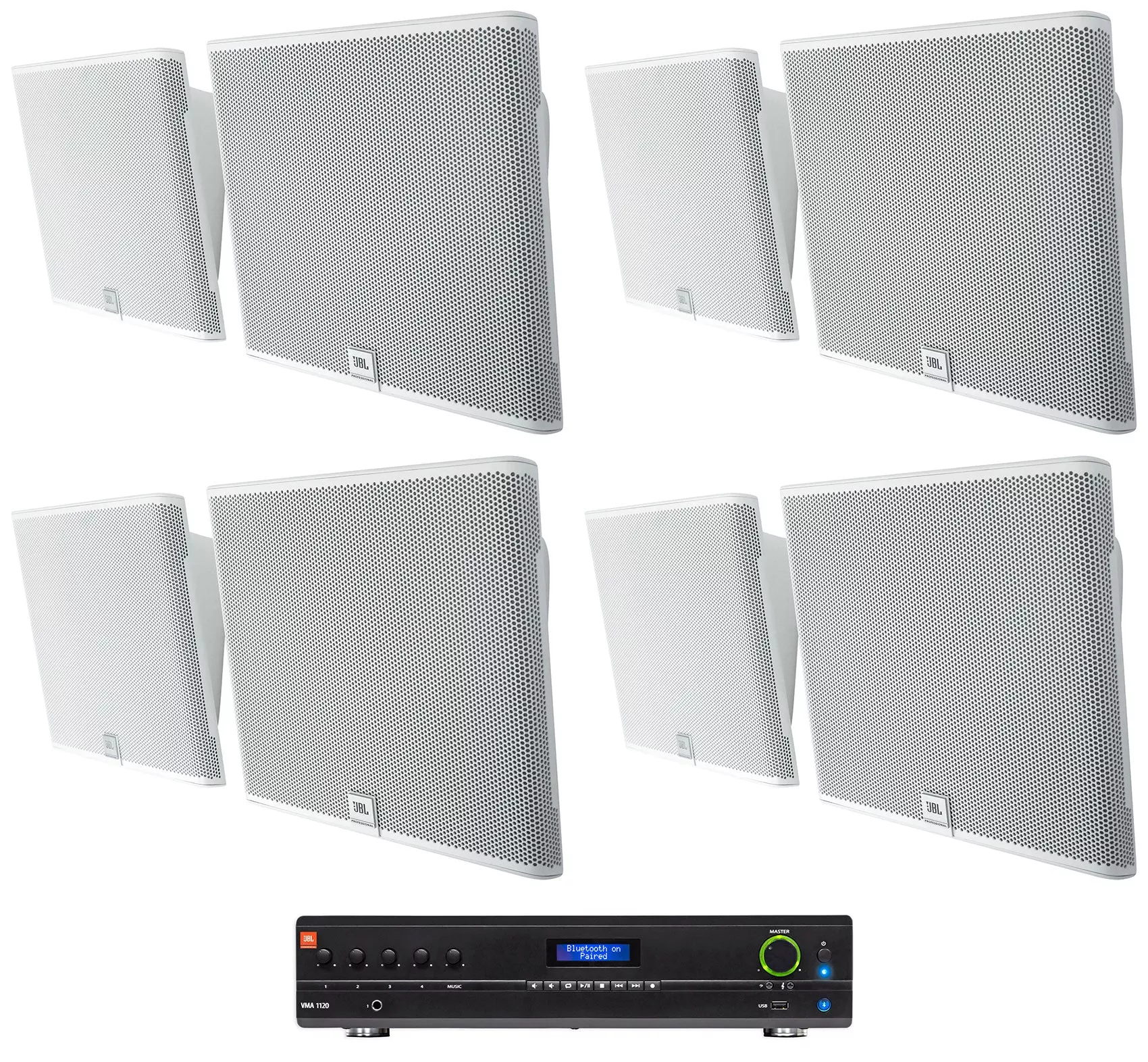 (8) JBL SLP12/T-WH Slim On Wall Mount 3" 70v Commercial Speakers+VMA Amplifier