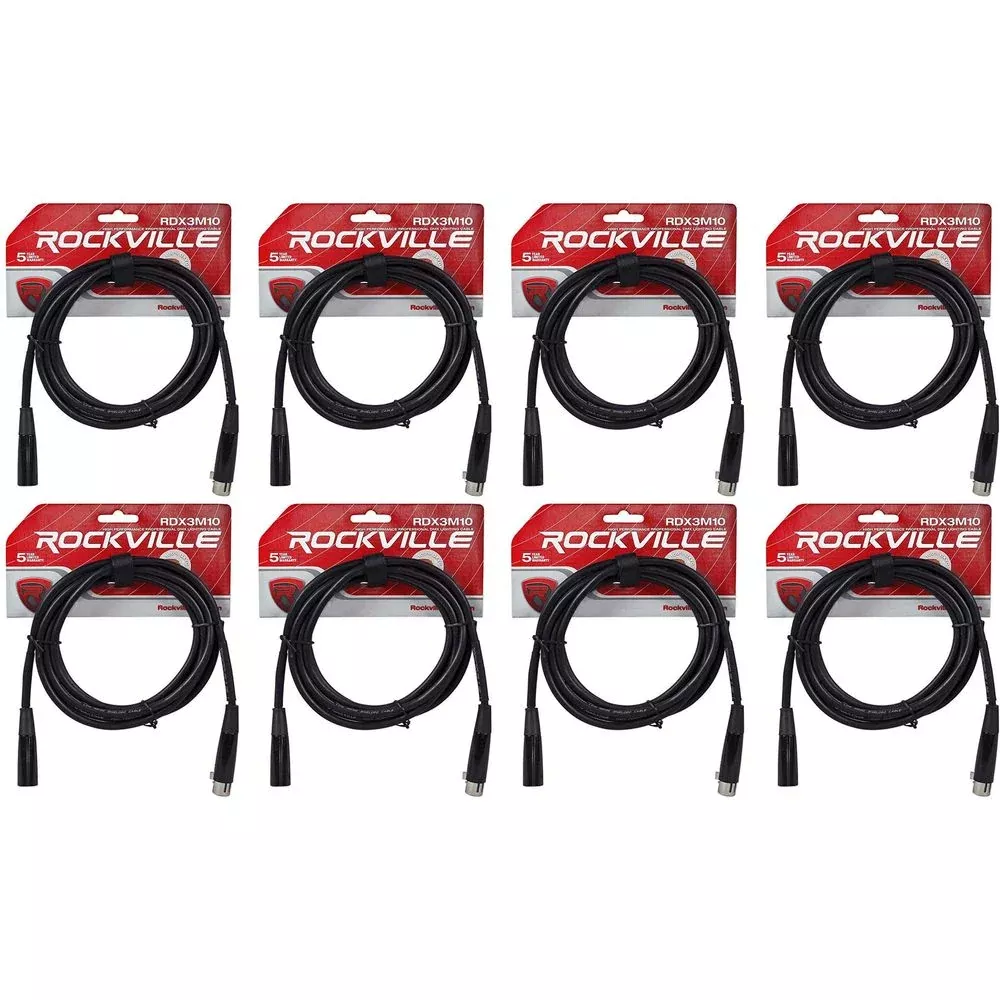 (8) Rockville RDX3M10 10 Foot 3 Pin DMX Lighting Cables 100% OFC Female 2 Male
