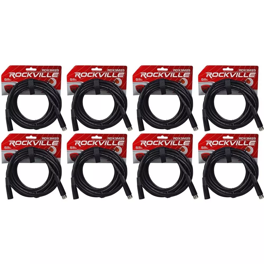 (8) Rockville RDX3M25 25 Foot 3 Pin DMX Lighting Cables 100% OFC Female to Male