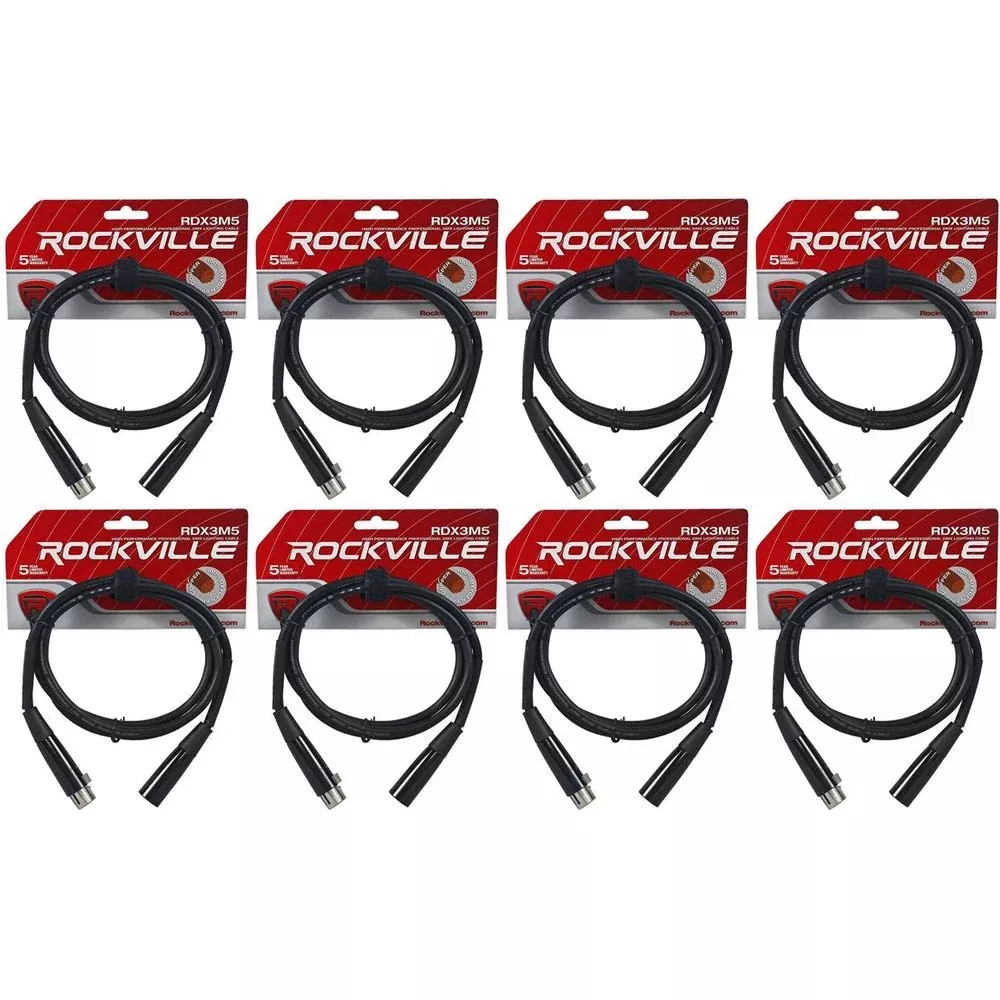 (8) Rockville RDX3M5 5 Foot 3 Pin DMX Lighting Cables 100% Copper Female to Male