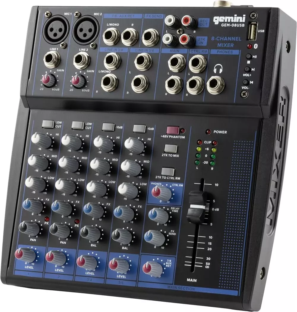 Gemini GEM-08USB compact 8-channel Bluetooth mixer, 8 inputs, 2 mic preamps with phantom power, USB and Bluetooth playback