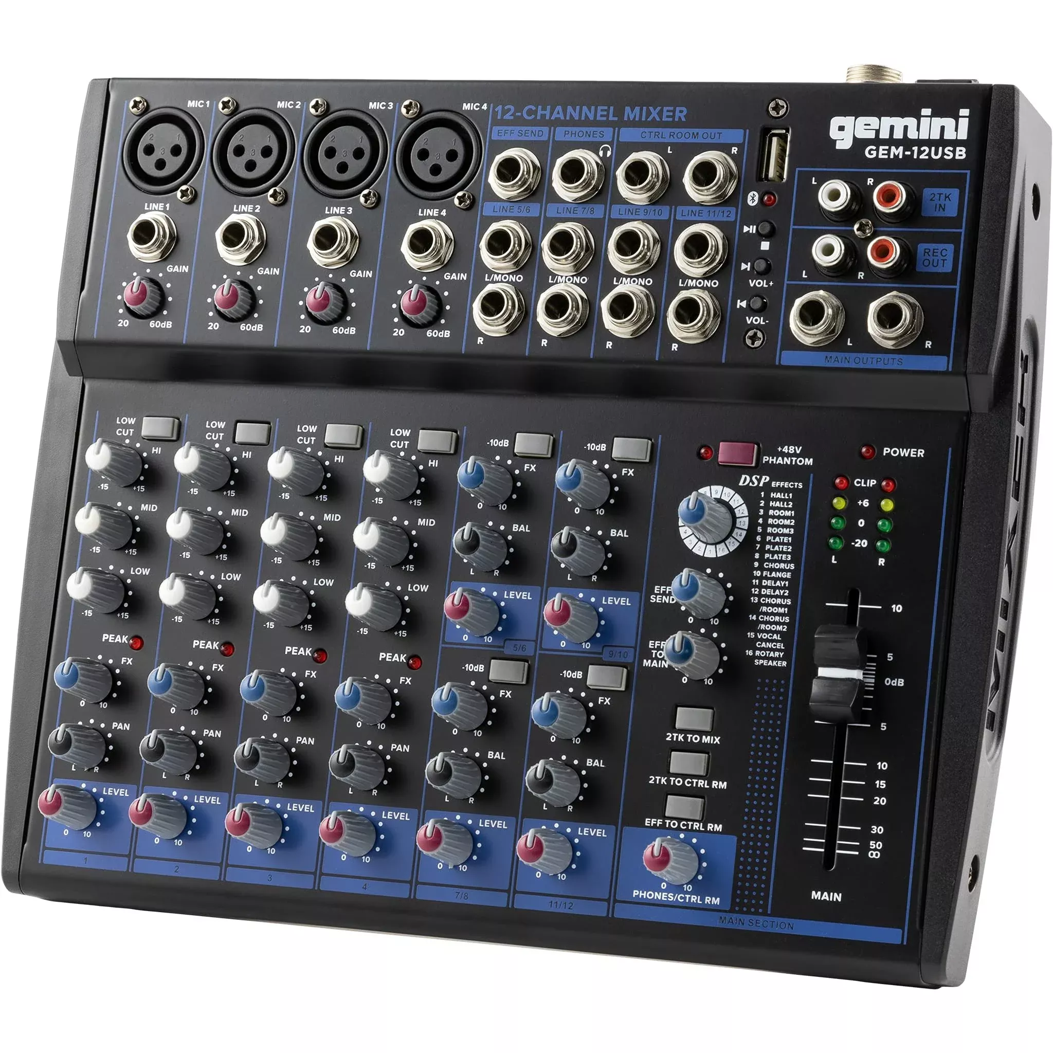 Gemini GEM-12USB 12-channel audio mixer with Bluetooth, 4 XLR mic preamps, 3-band EQ, onboard multi-FX