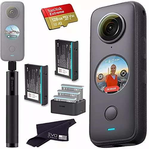 Insta360 ONE X2 360 Camera Bundle Includes 2 Extra Batteries, Charger, Selfie Stick & 128GB Memory Card (5 Items)