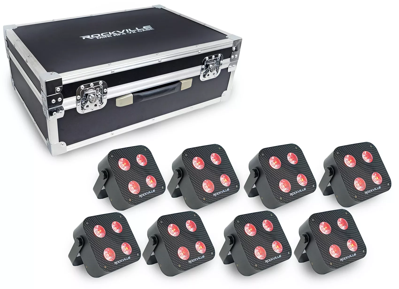 Rockville MINI RF4 V2 CHARGE PACKAGE BLACK 8 DJ Par Wash Up Lights+Case+App Ctrl