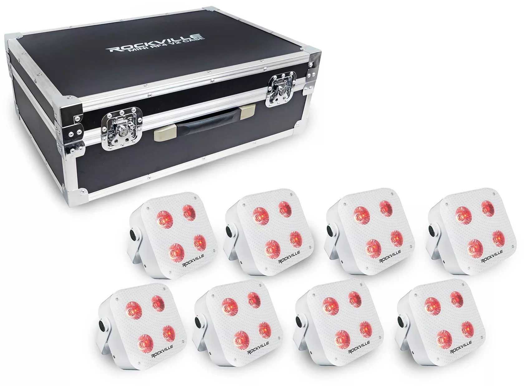 Rockville MINI RF4 V2 CHARGE PACKAGE WHITE 8 DJ Par Wash Up Lights+Case+App Ctrl