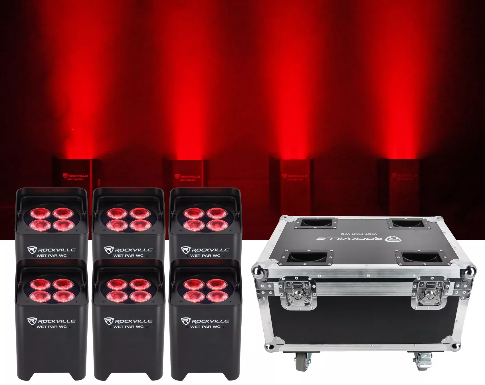 Rockville WET PAR WC PACKAGE BLACK (6) DJ Par Wash Lights+Wireless Charging Case