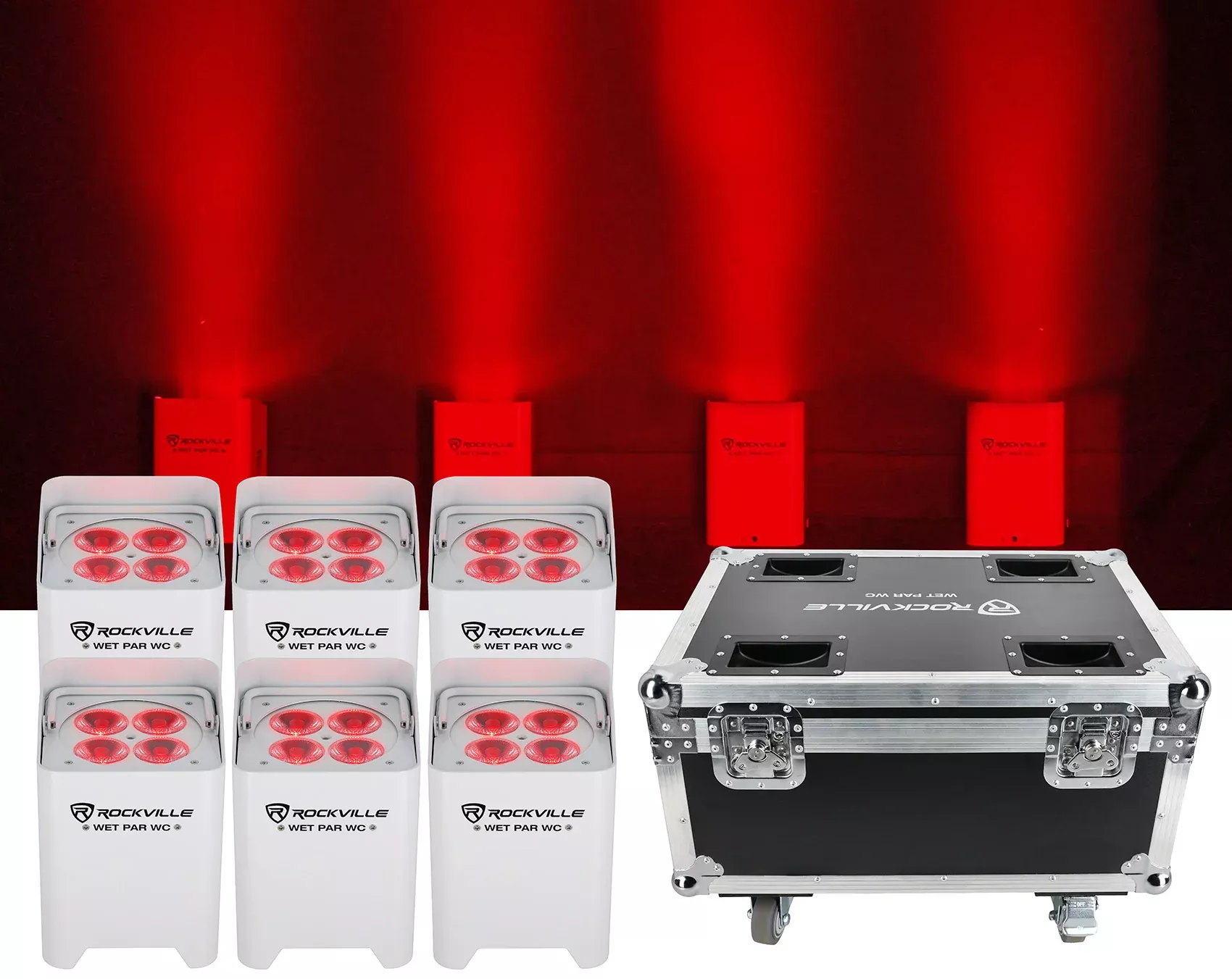 Rockville WET PAR WC PACKAGE WHITE (6) DJ Par Wash Lights+Wireless Charging Case